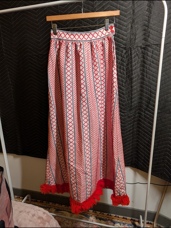 Vintage Dresses & Skirts - Vintage Red and White Geometric Maxi Skirt with Fringe